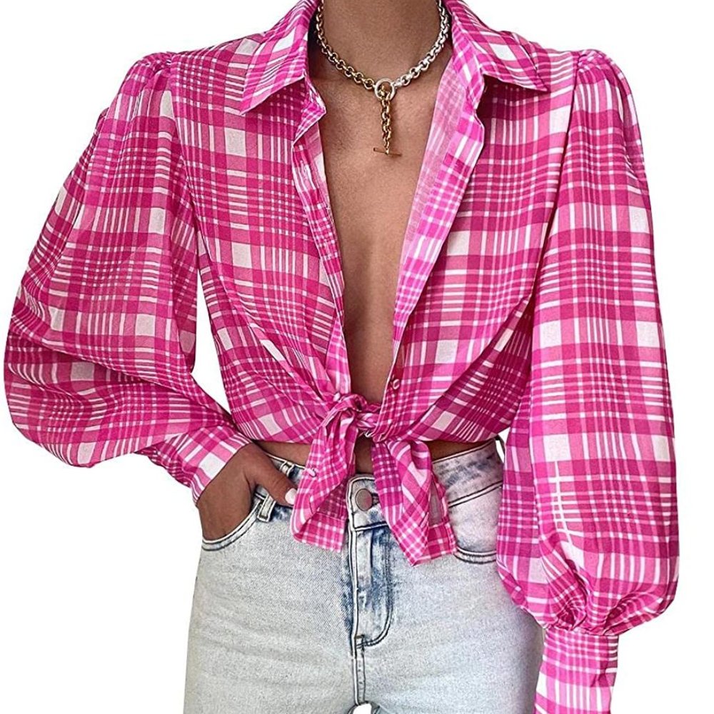 Women Summer Vacation Shirts Puff Long Sleeve Button Floral Loose Chiffon Tops